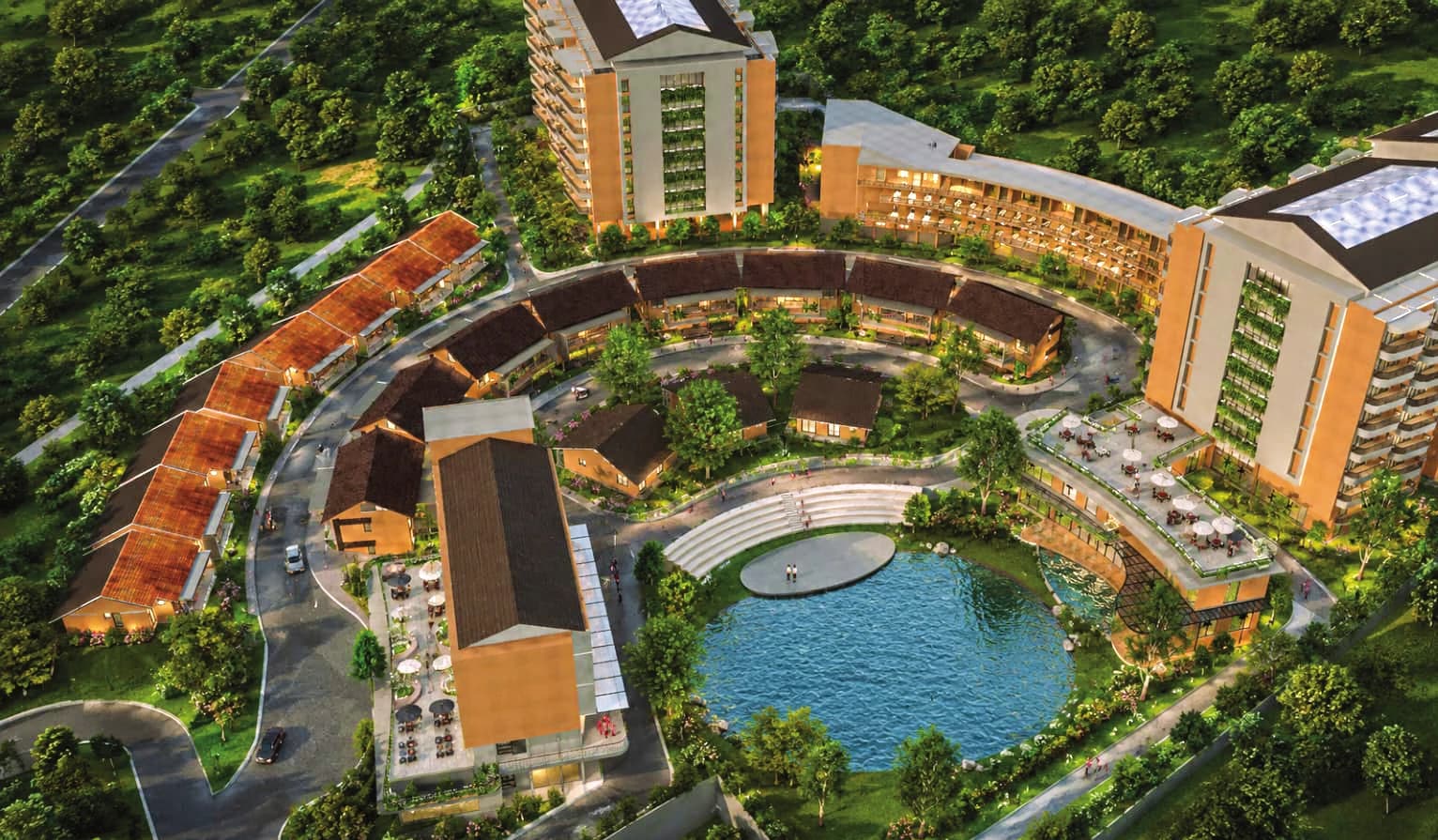 Aerial render of the Gramika campus — villas, towers, amphitheatre and central pond