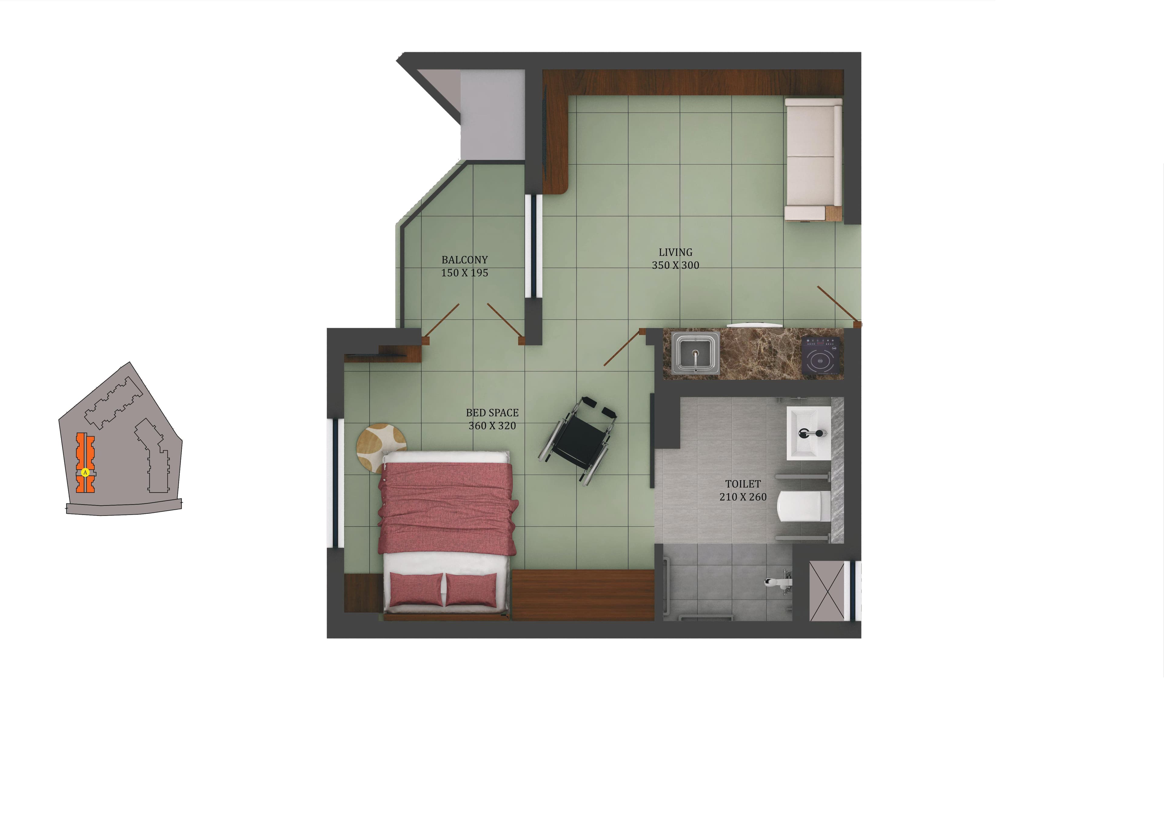 Type A 1 BHK floor plan — Living 350x300, Bed Space 360x320, Balcony 150x195, Toilet 210x260