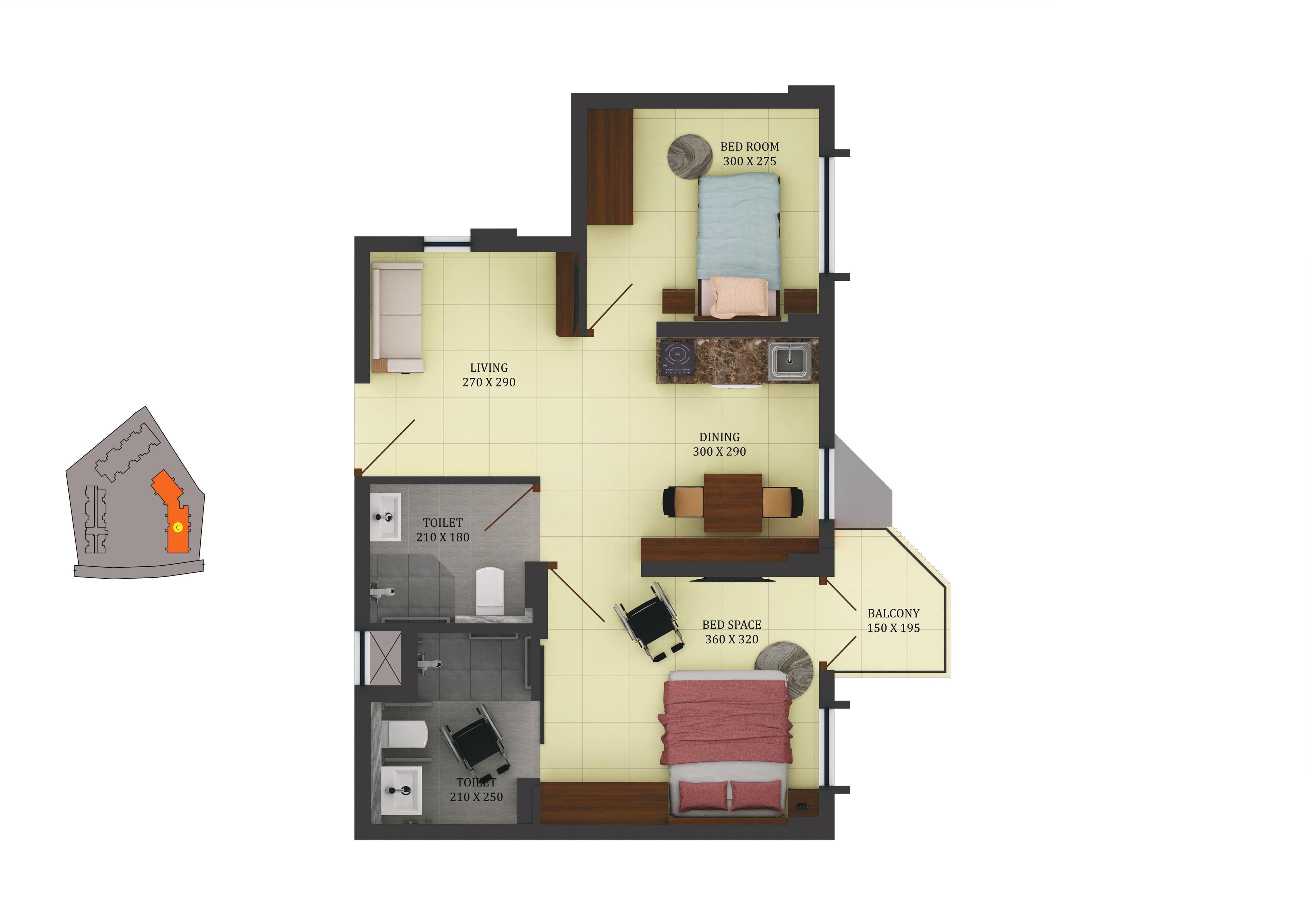 Type C 2 BHK floor plan — Bed Room 300x275, Living 270x290, Dining 300x290, Bed Space 360x320, 2 toilets, Balcony 150x195