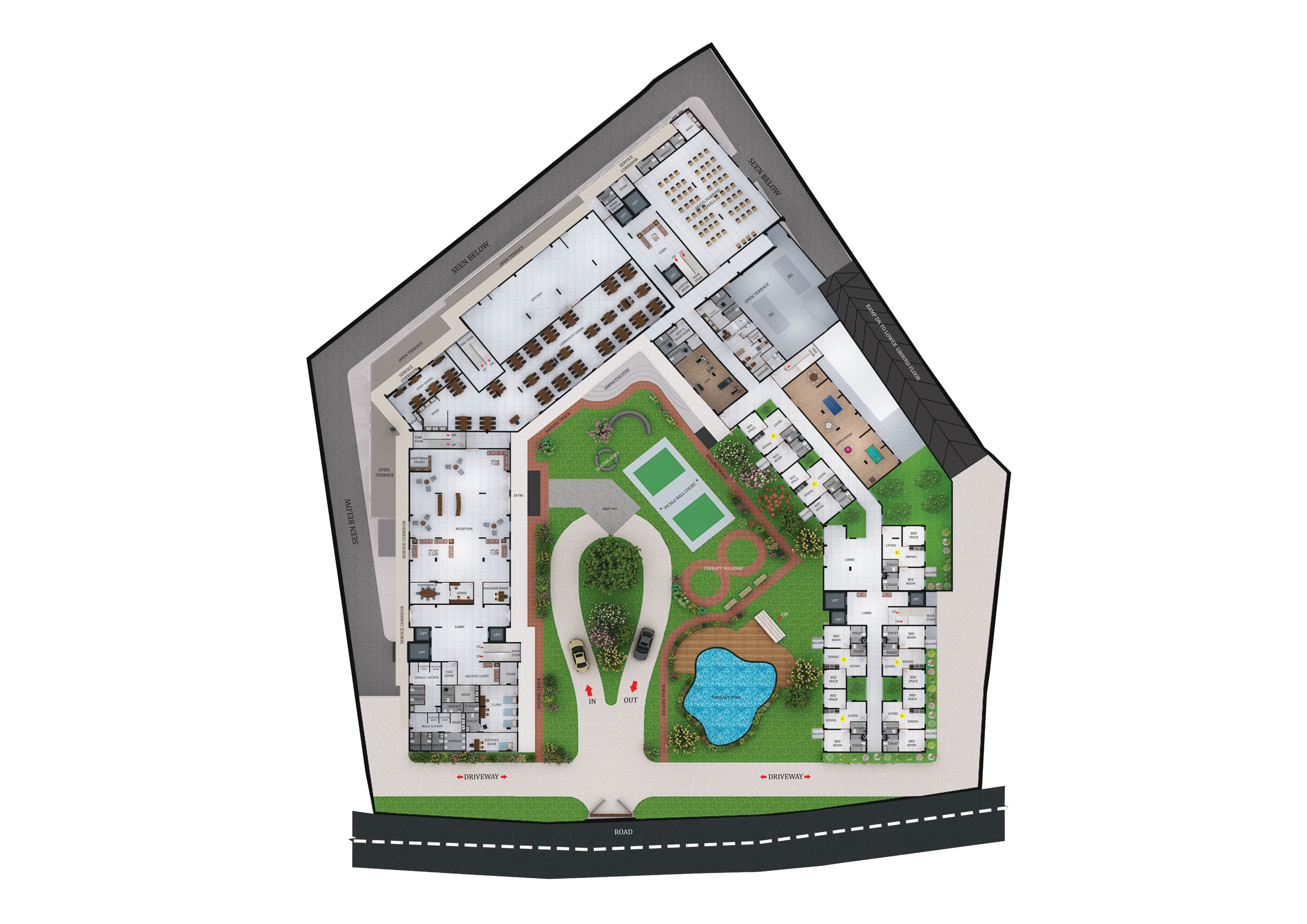 Ground floor site layout — reception, community dining, kitchen, clinic, doctor's room, pickleball court, therapy pool and walkway, amphitheatre