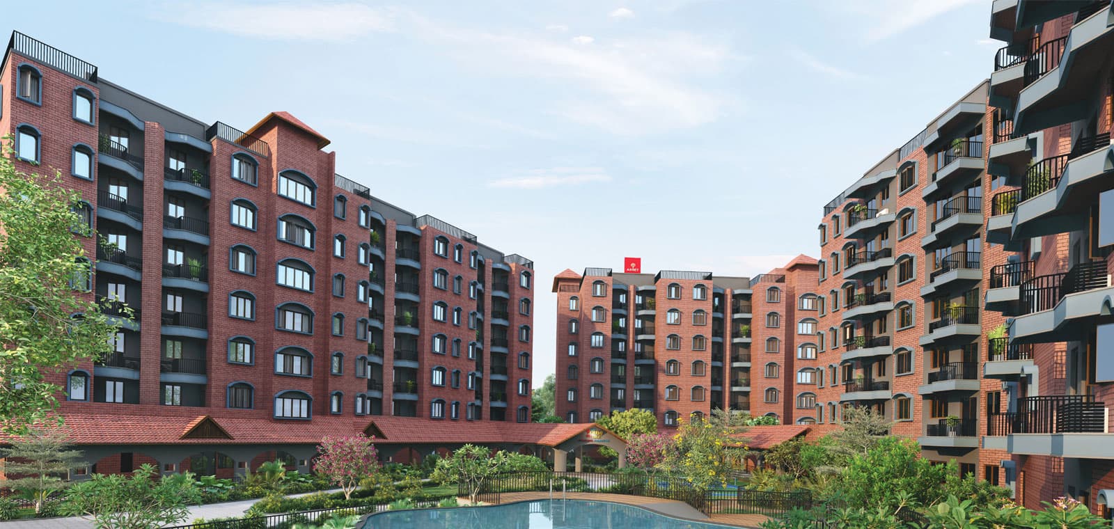 Artist's impression of Serene Young at Heart courtyard and pool between apartment blocks
