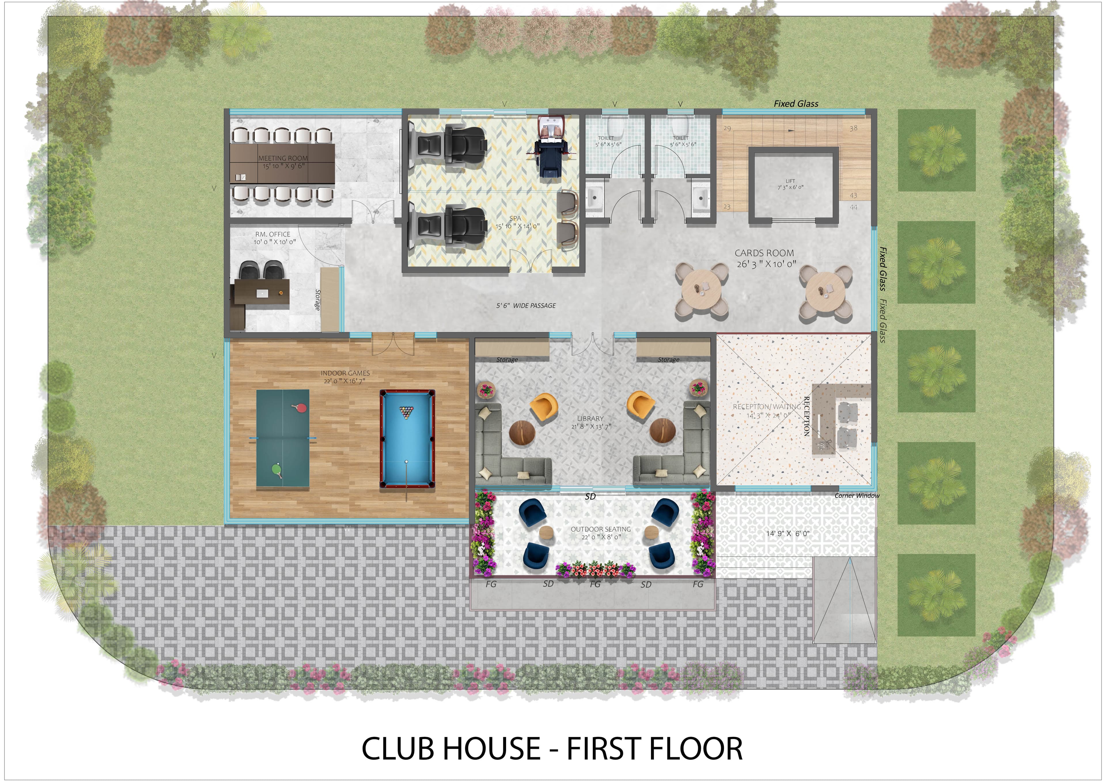 Clubhouse first floor plan — spa, indoor games, and library