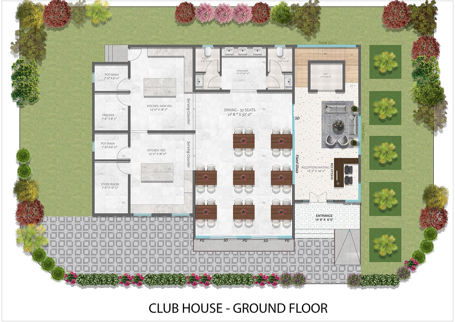 Clubhouse ground floor plan — dining hall and reception