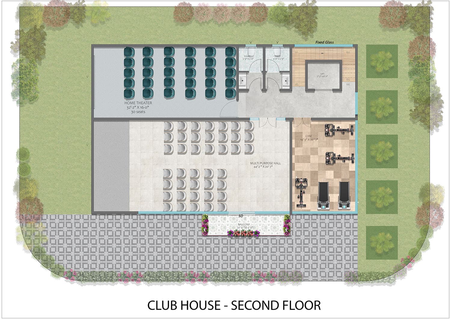 Clubhouse second floor plan — home theatre, multi-purpose hall, and gym