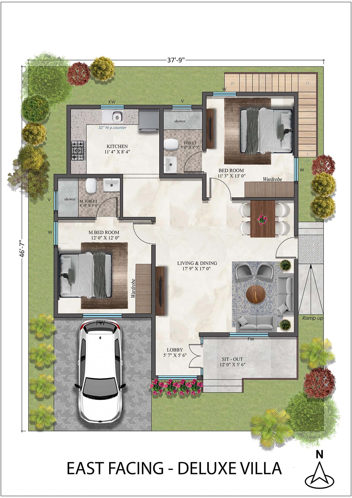 Floor plan — Deluxe 2 BHK Villa, East facing