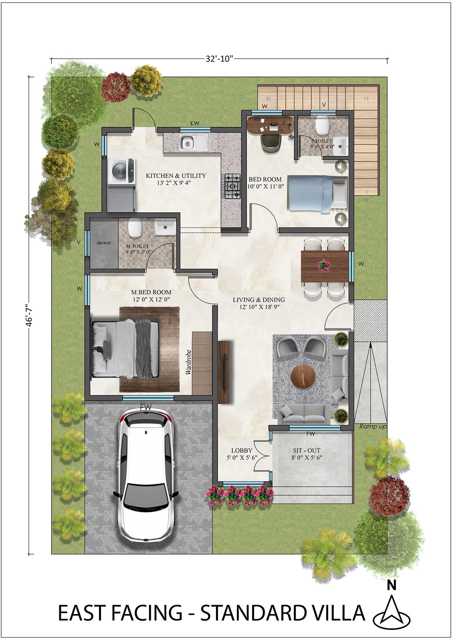 Floor plan — Standard 2 BHK Villa, East facing