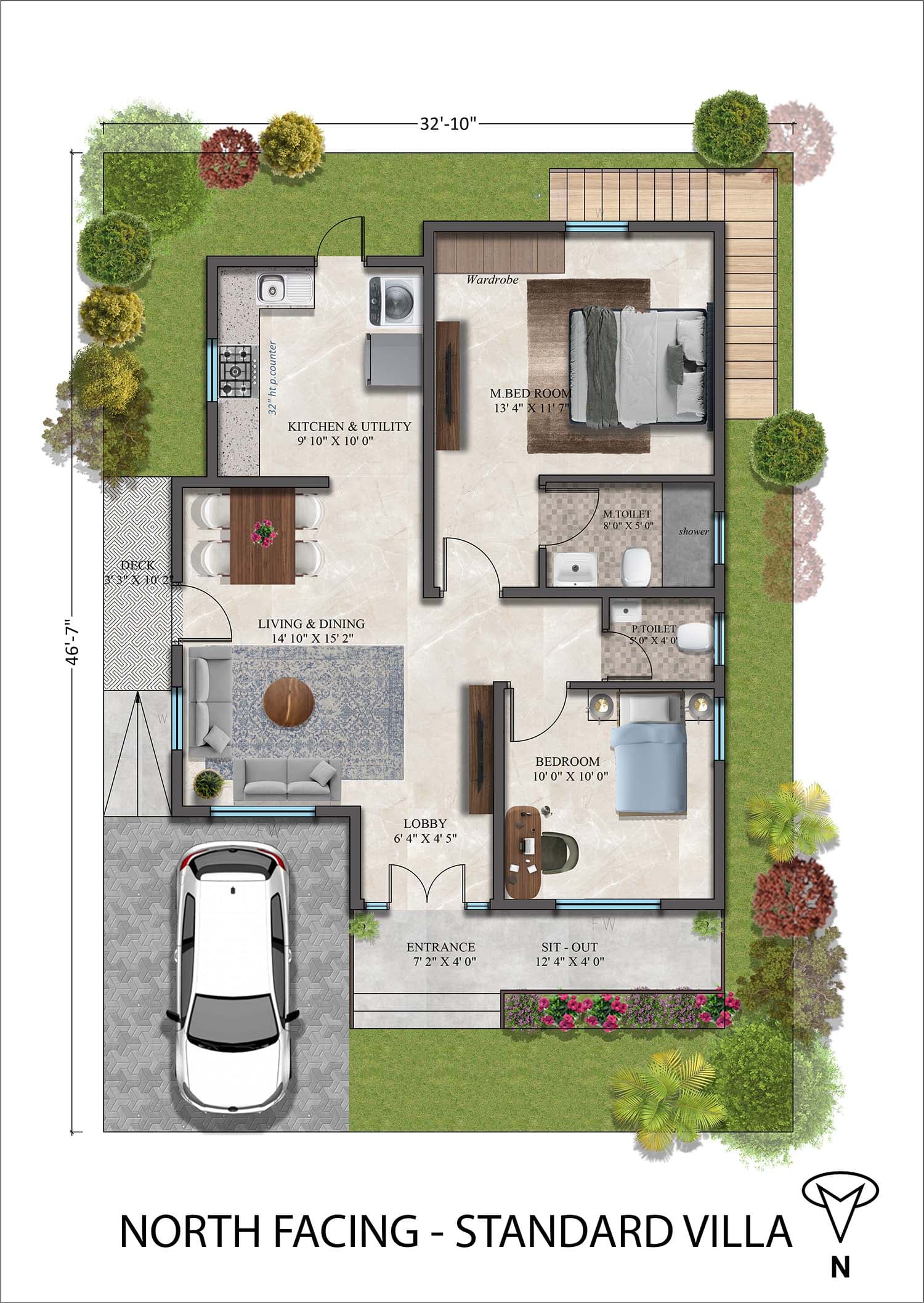 Floor plan — Standard 2 BHK Villa, North facing