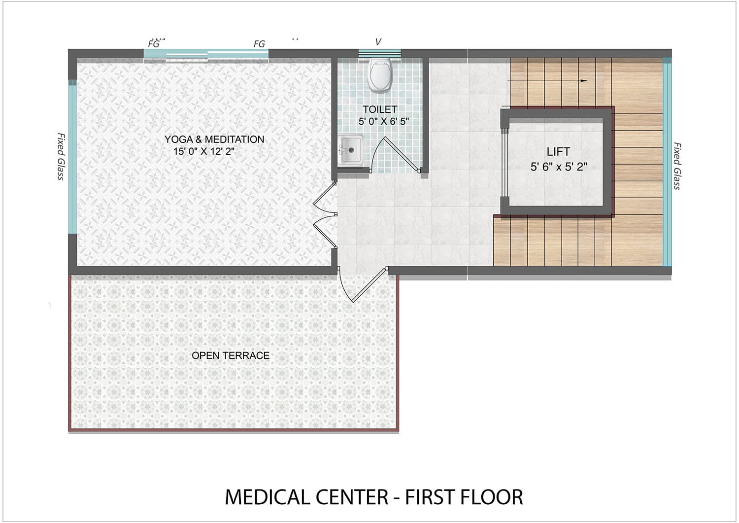 Medical centre first floor plan — yoga and meditation room with open terrace