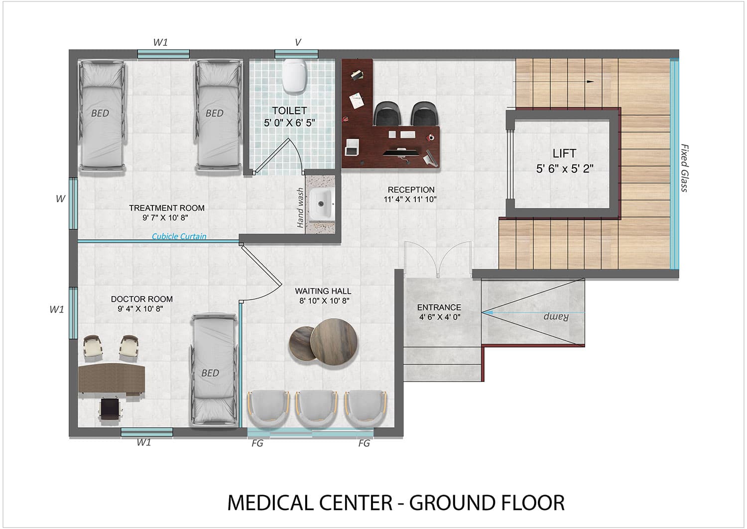 Medical centre ground floor plan — treatment room, doctor room, and reception