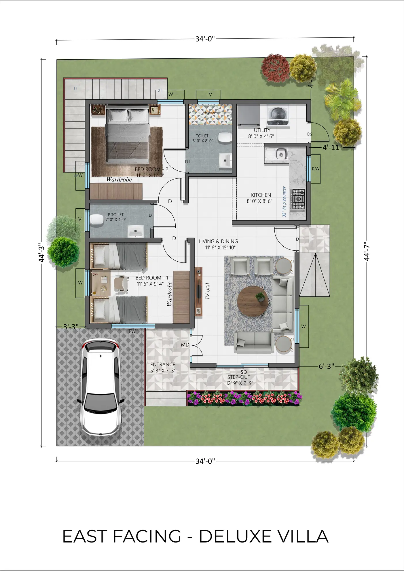 Floor plan — Deluxe Villa, East facing, 2 BHK