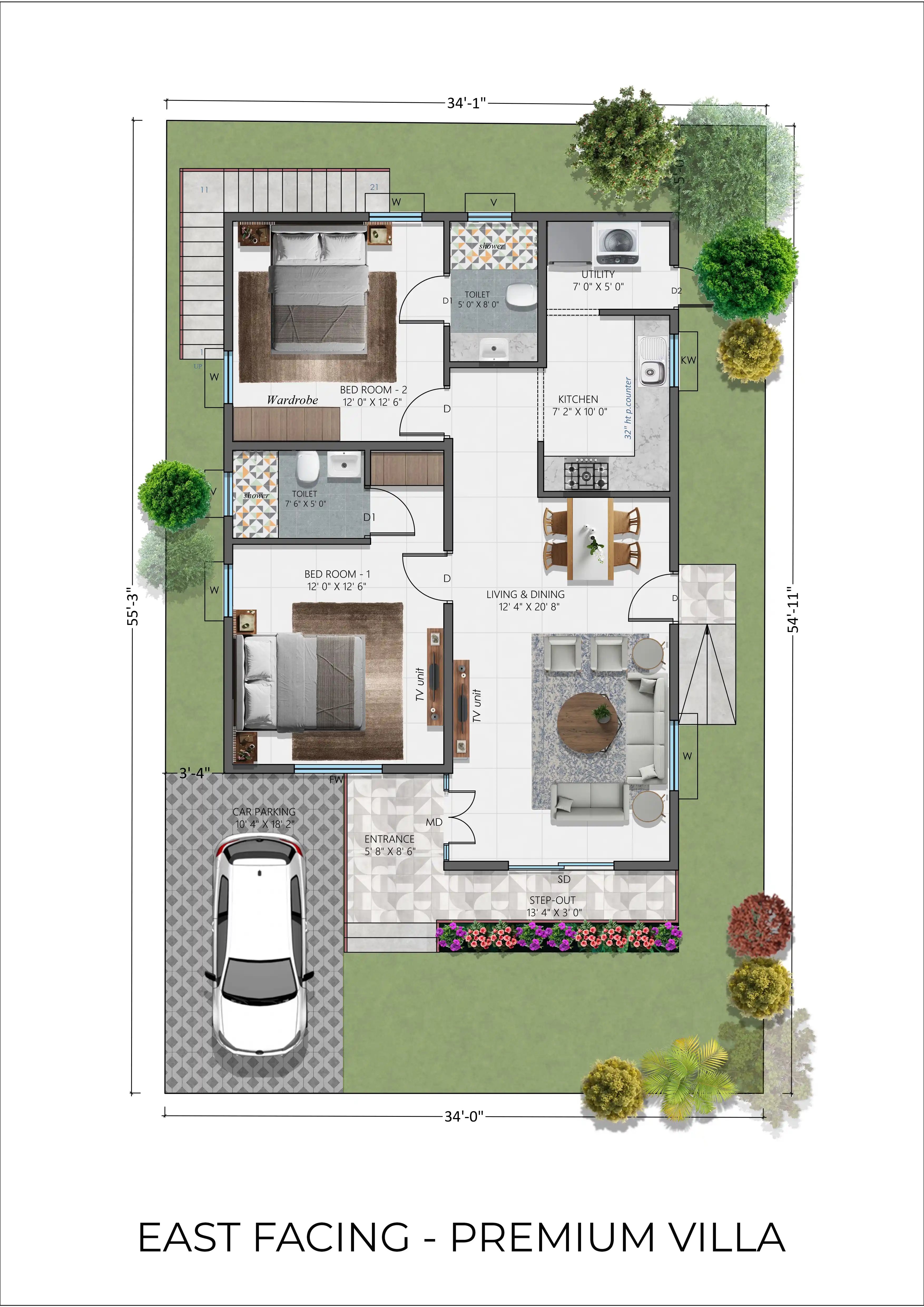 Floor plan — Premium Villa, East facing, 2 BHK