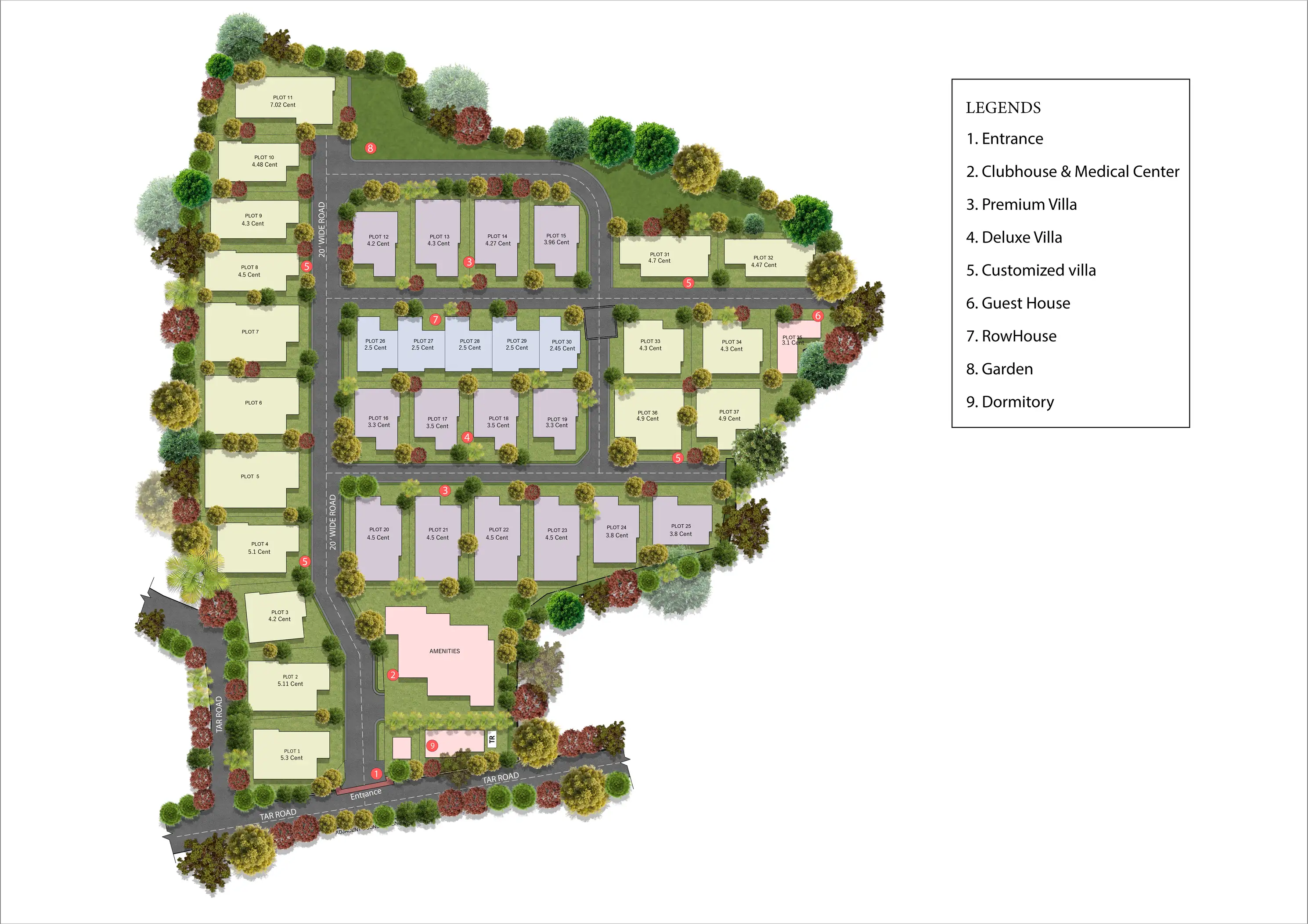 Master site plan — plot layout, clubhouse, guest house, row houses, and dormitory