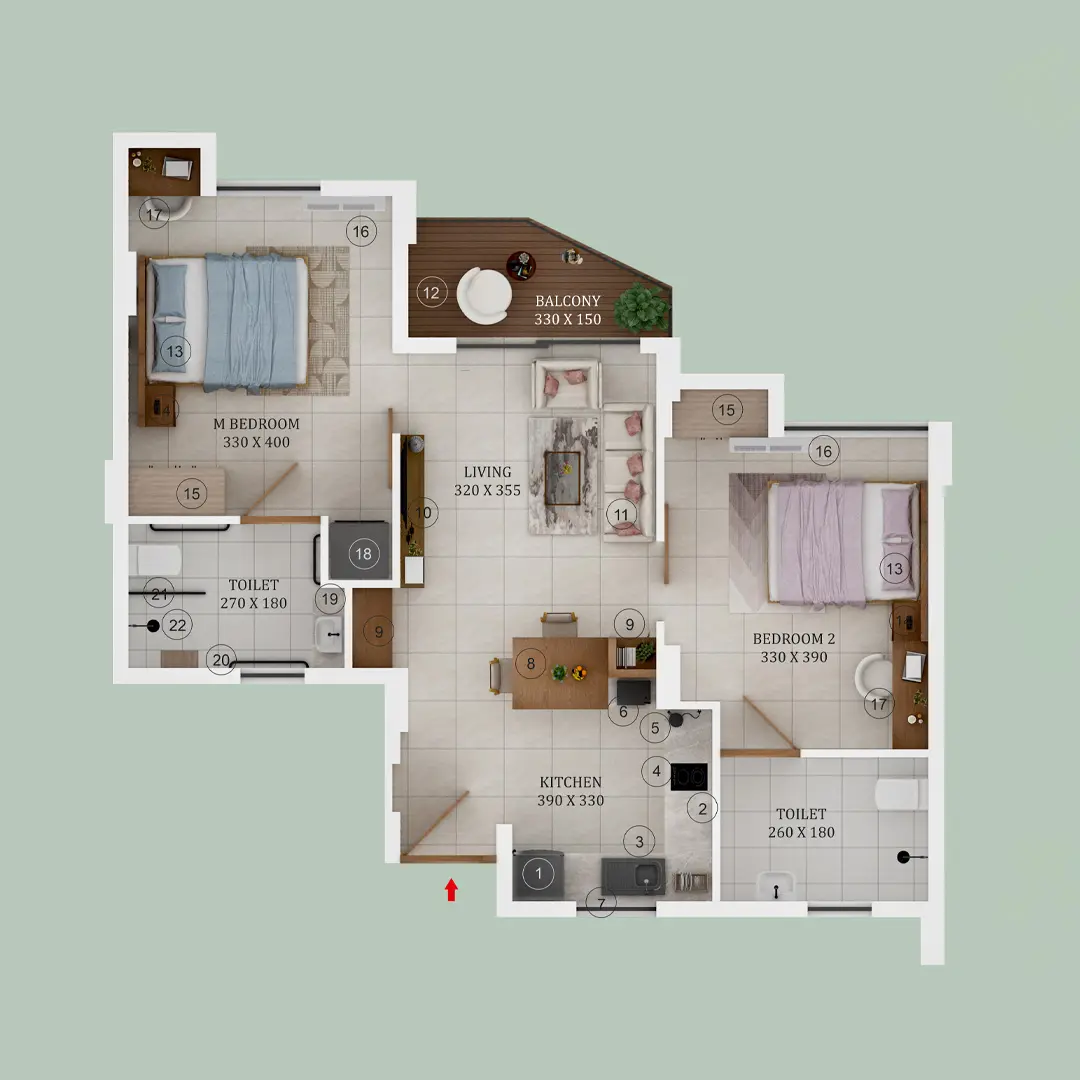 Wellage Praana Type A 2 BHK floor plan